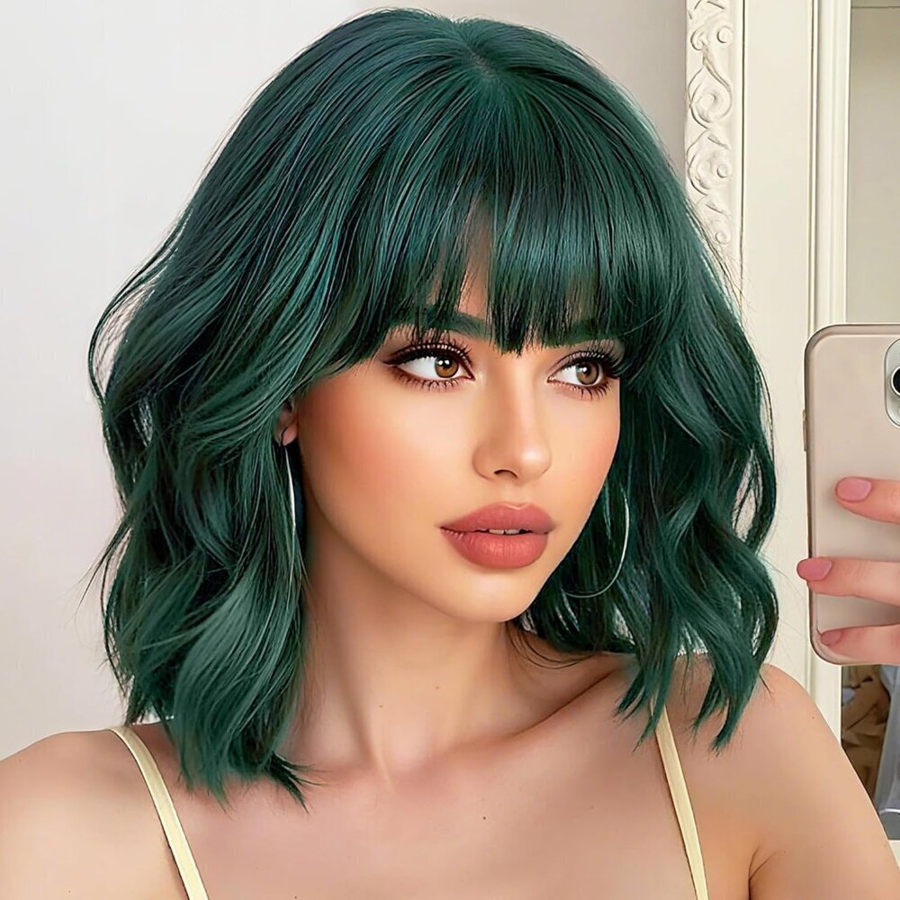 Women's Dark Green 14 Inch Short Pastel Curly Shoulder Length Synthetic Wig